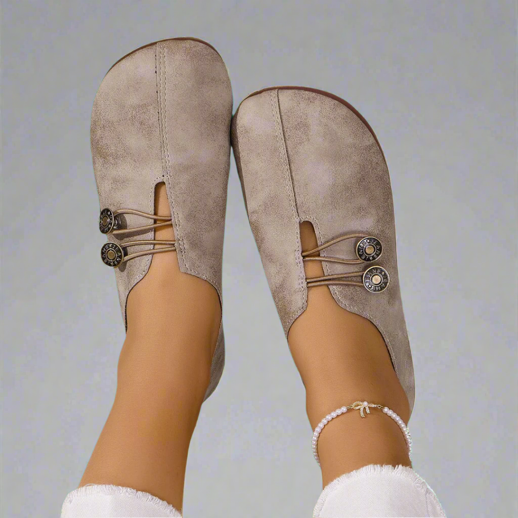 Taupe soft moccasins with wide toe