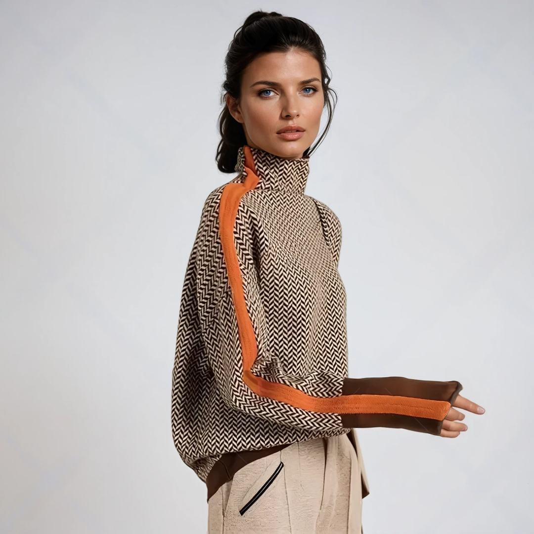 Women's mock neck sweater, chevron knit with striped sleeves in orange