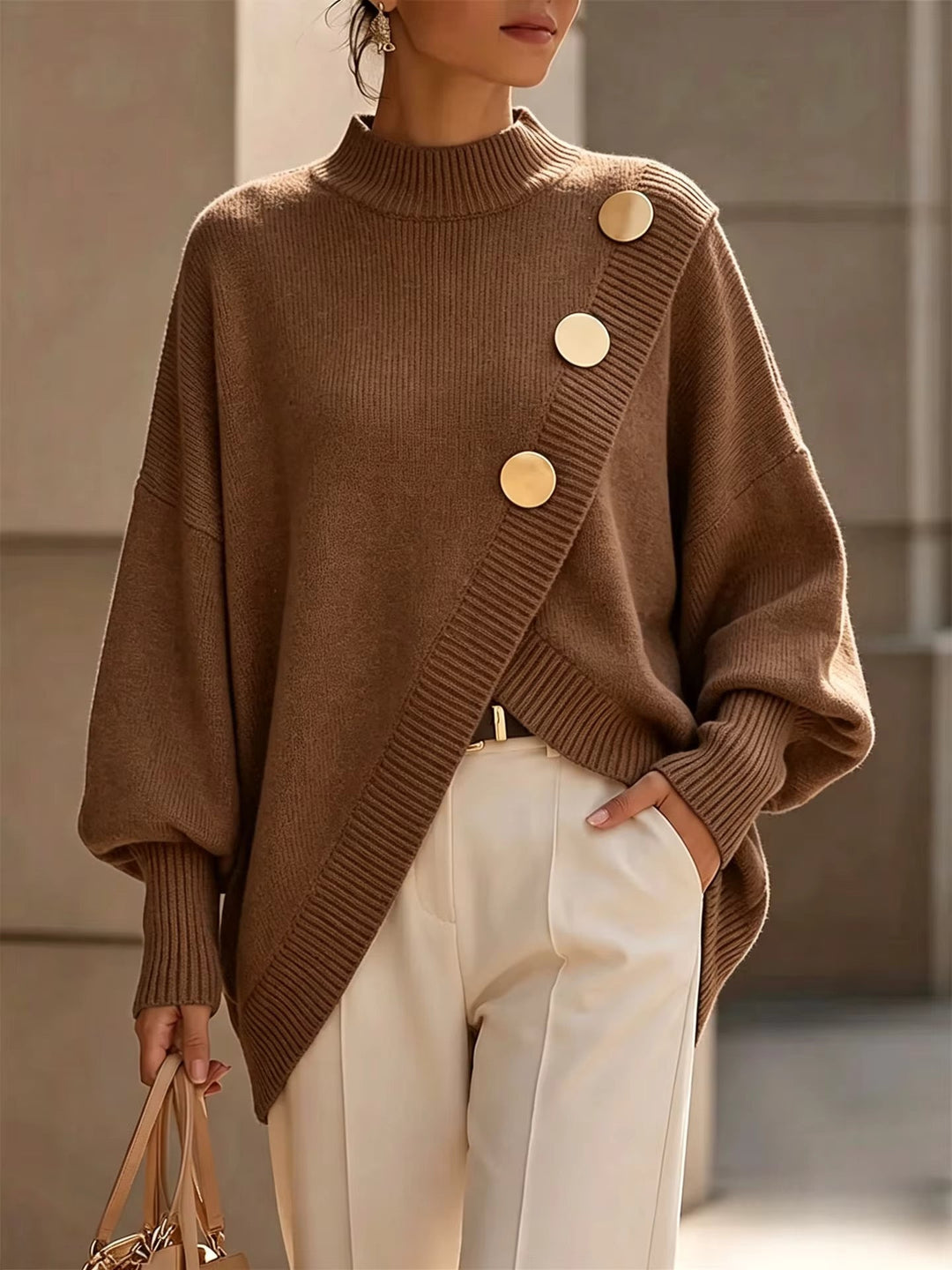 Brown oversized mock neck sweater with asymmetrical gold buttons on a model, front view