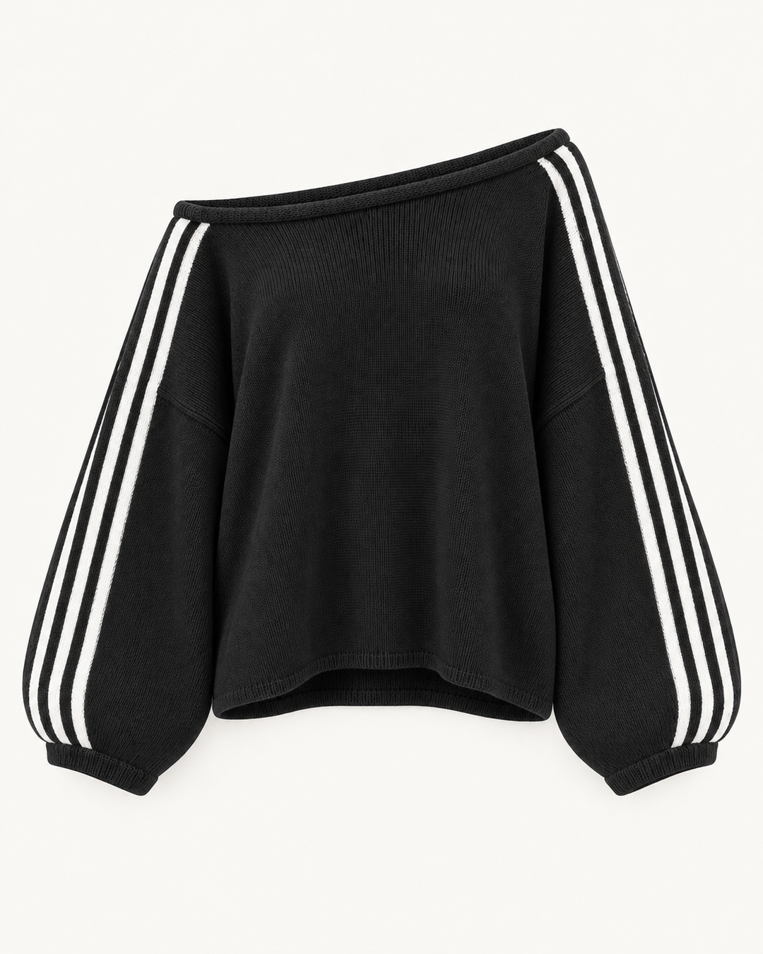 Black oversized sweater with white striped balloon sleeves, flat view