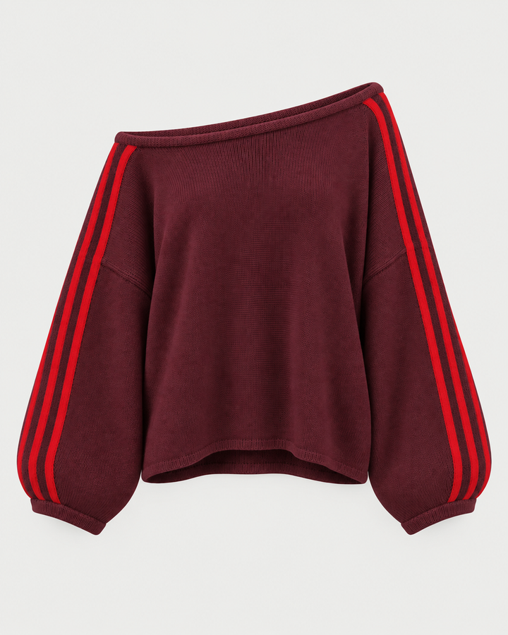 Burgundy off shoulder sweater with bright red stripes on the sleeves, flat view