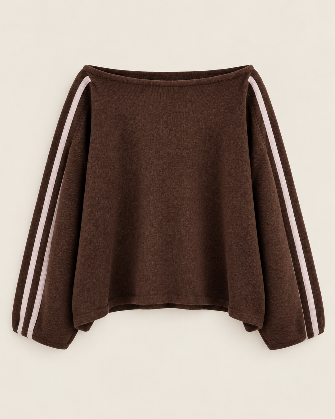 Women's off shoulder sweater in chocolate brown with striped sleeves, flat view