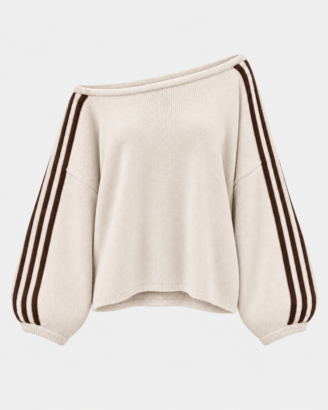Cream oversized sweater with dark brown striped balloon sleeves, flat view