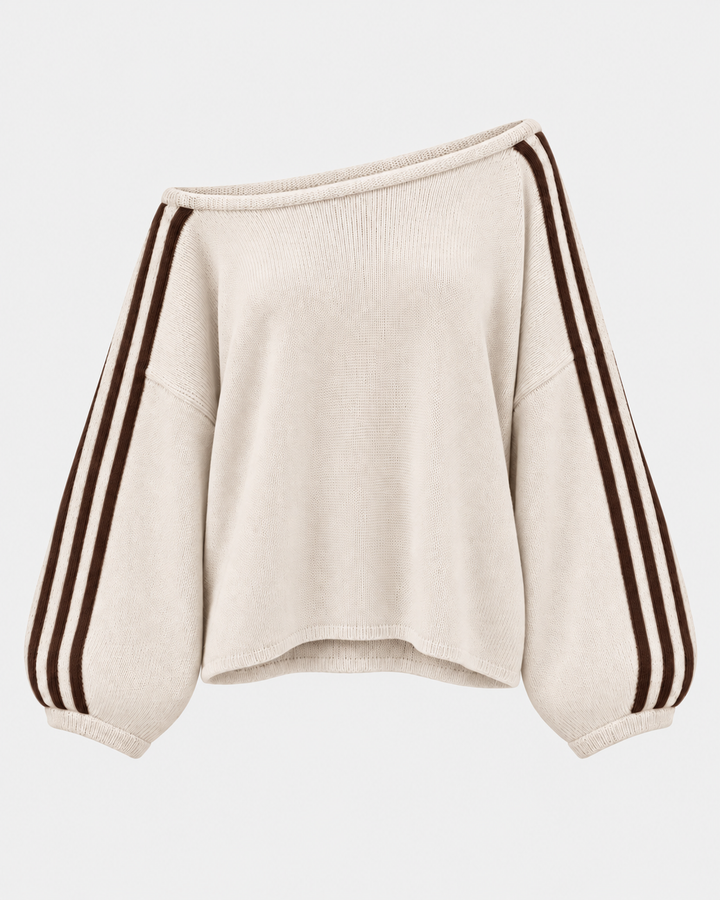 Cream oversized sweater with dark brown striped balloon sleeves, flat view