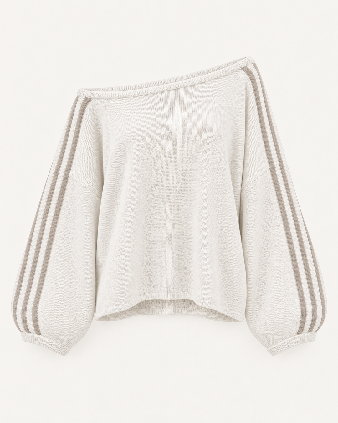 Ivory oversized sweater with taupe striped balloon sleeves, flat view