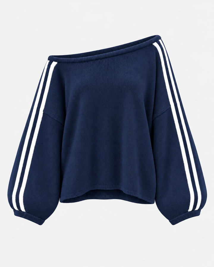 Navy oversized sweater with white striped balloon sleeves, flat view