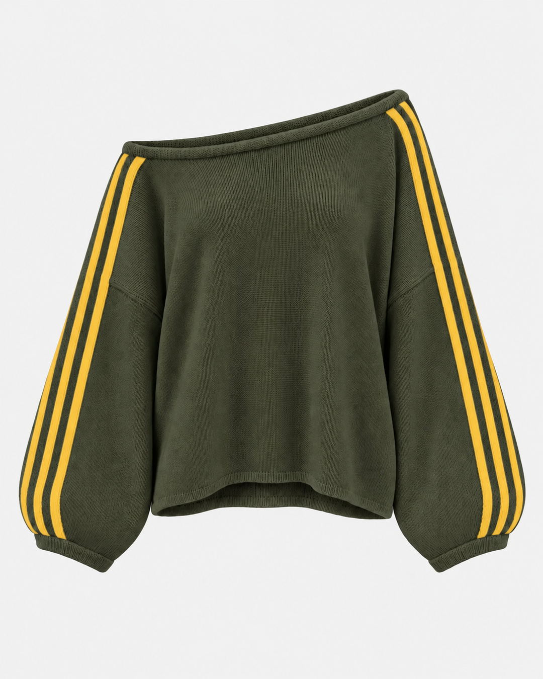 Olive green oversized sweater with yellow striped sleeves, flat view