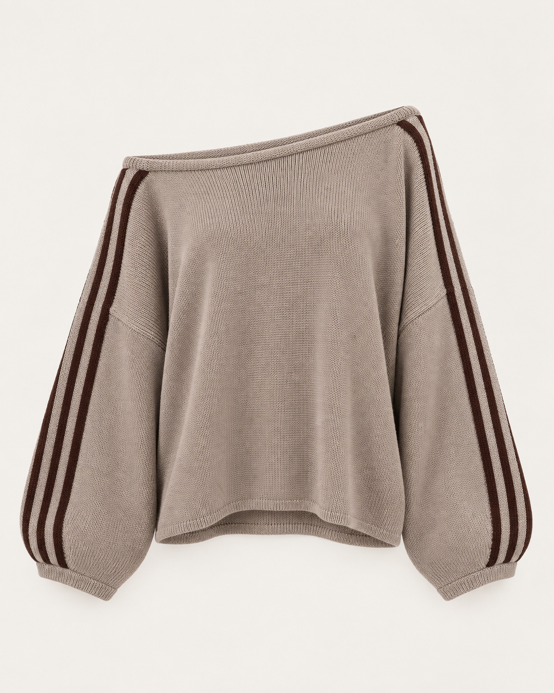 Taupe off shoulder sweater with brown stripes on the sleeves, flat view