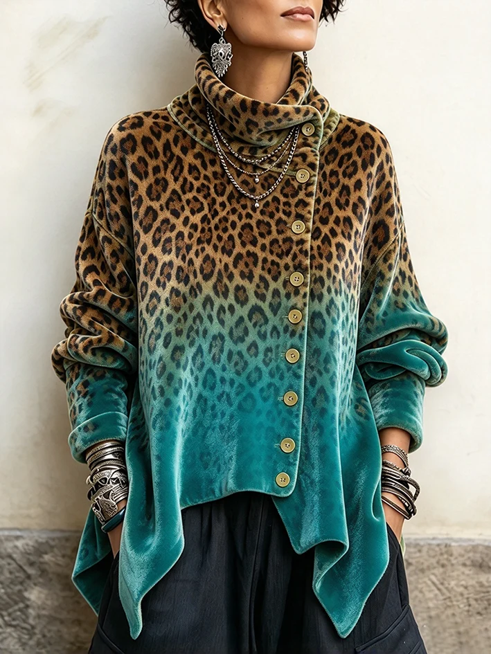 Women's ombre leopard velvet top fading from brown to teal