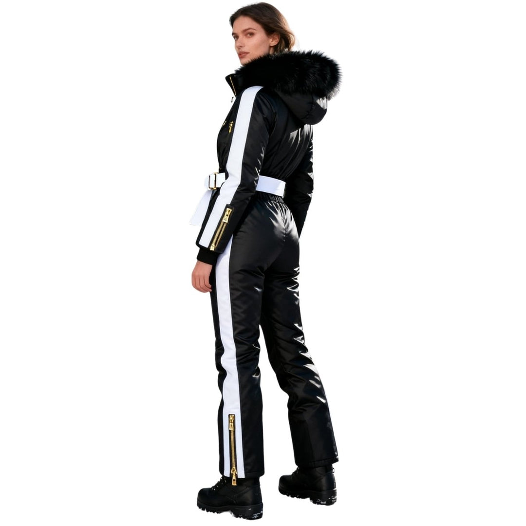 Back view of the black ski suit with white side stripes