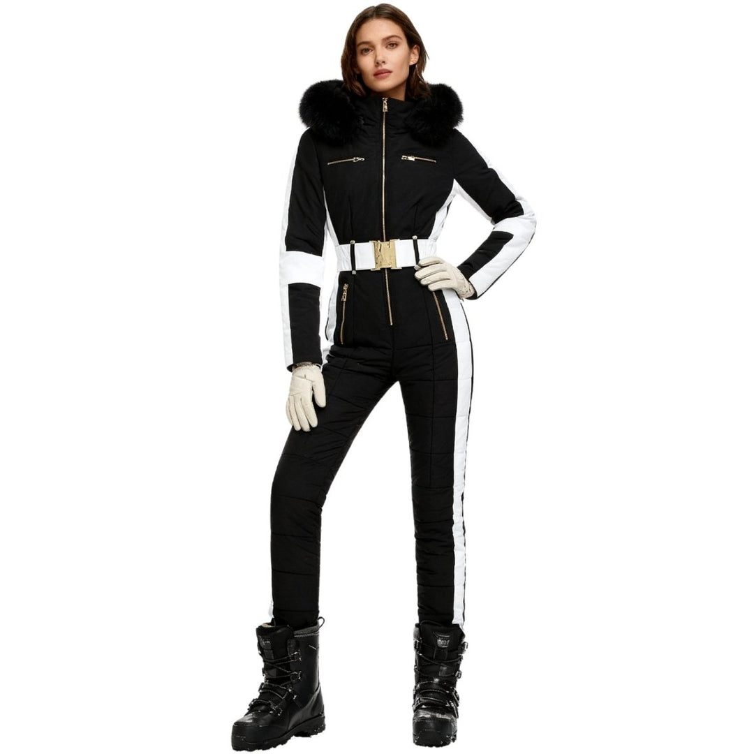 Black one piece ski suit with white stripes and fur-look hood