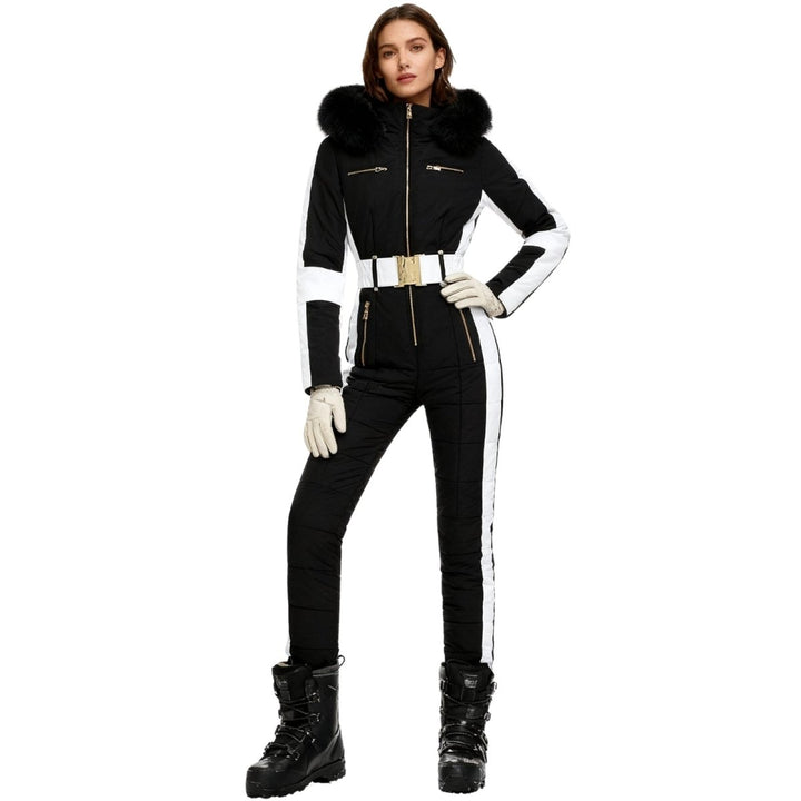 Black one piece ski suit with white stripes and fur-look hood