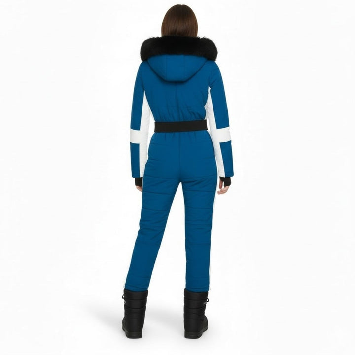 Back view of the blue one piece snow suit
