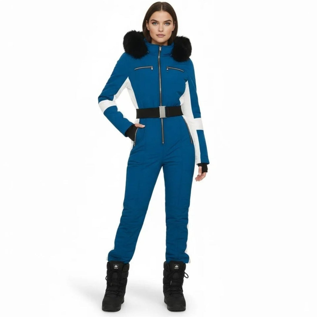 Blue one piece ski suit with white stripes and black belt