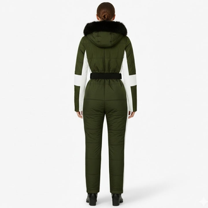 Back view of the olive green ski suit with fur-look hood