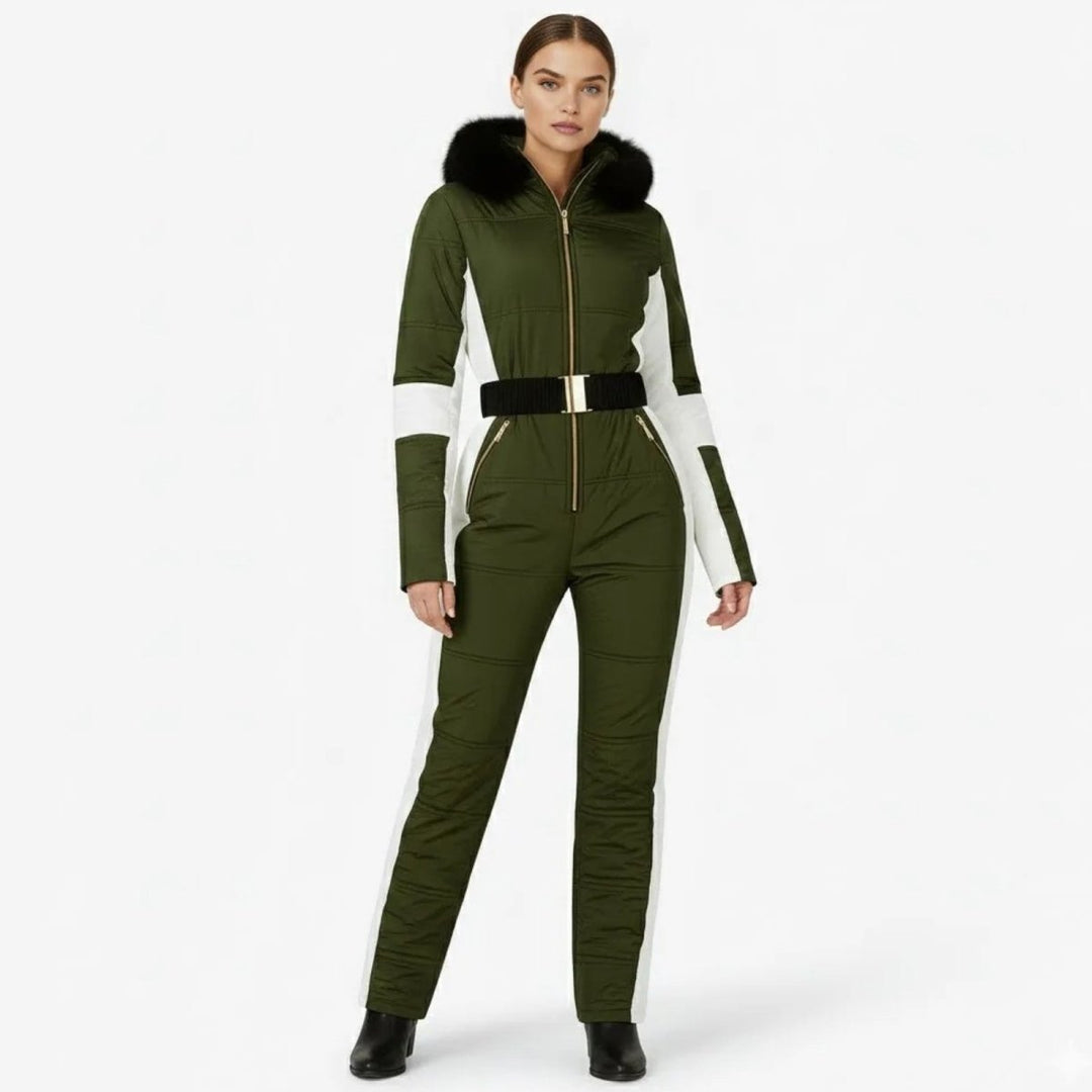 Olive green one piece ski suit with white stripes and belt