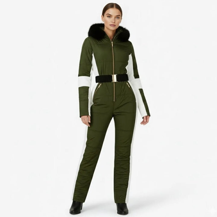 Olive green one piece ski suit with white stripes and belt