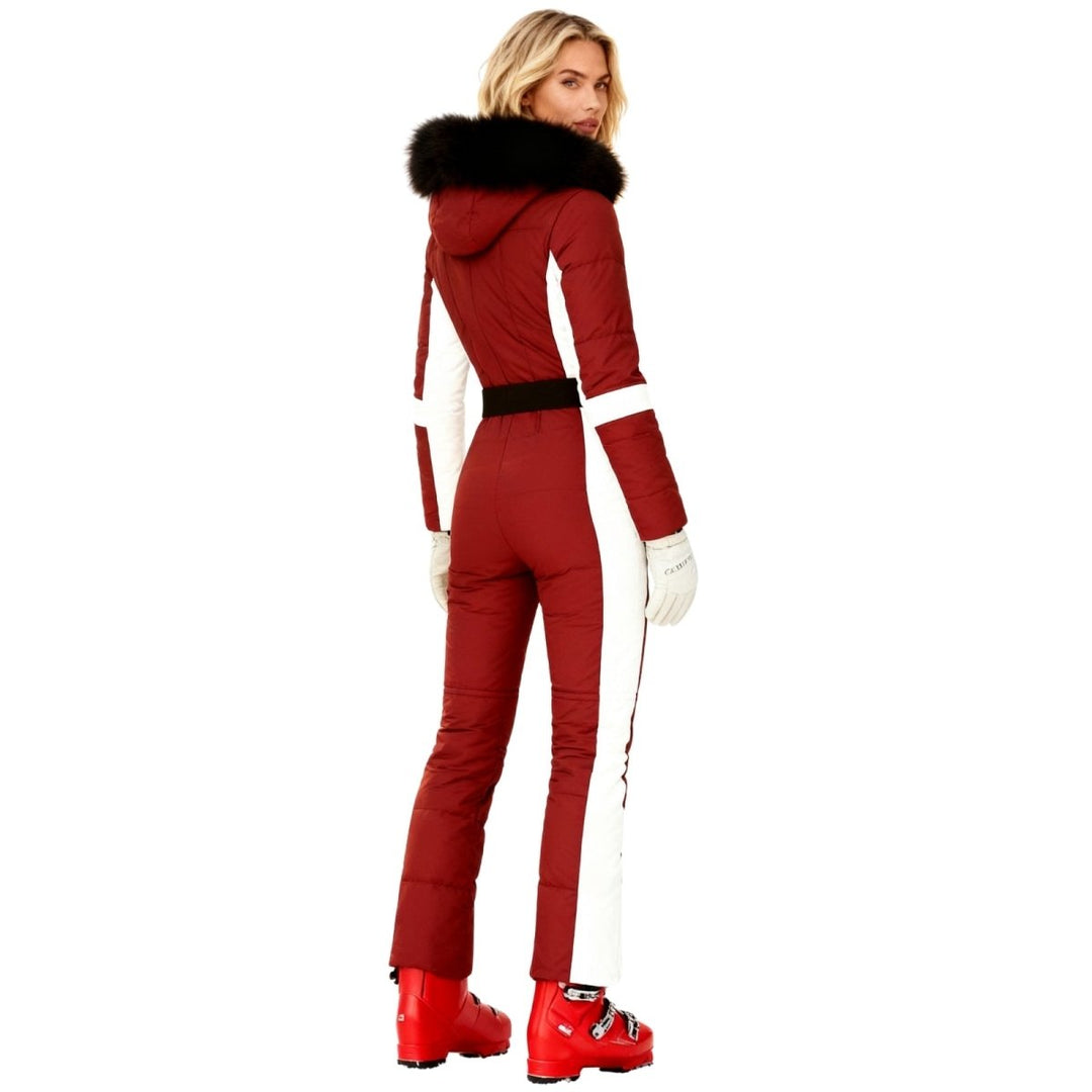 Back view of the red ski suit with white sleeve stripes