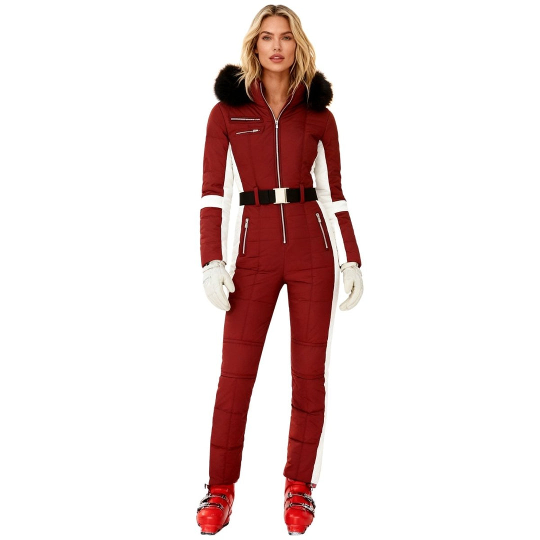 Red one piece ski suit with black belt and fur-look hood