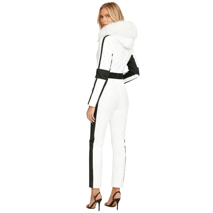 Back view of the white ski suit with black contrast stripes
