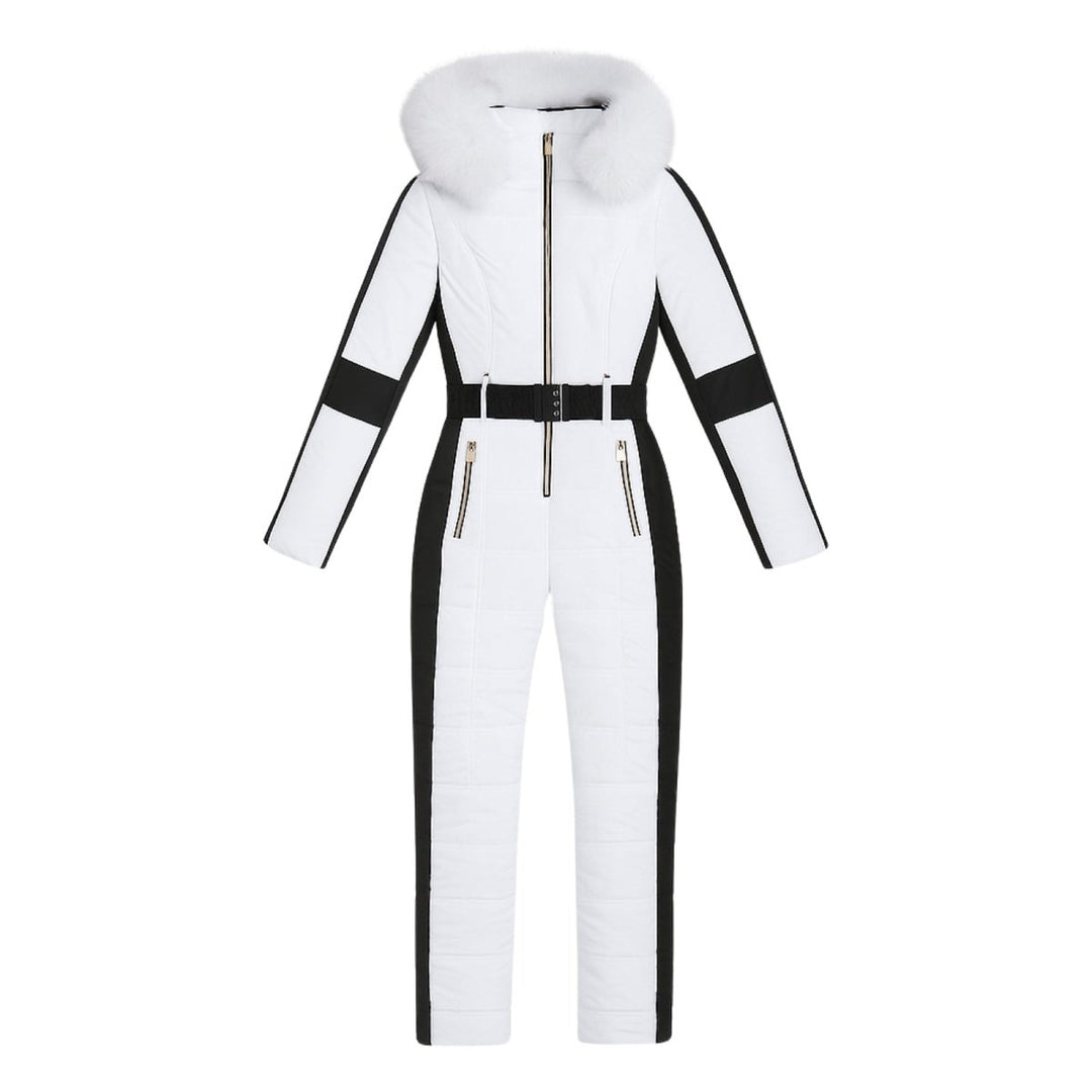 White one piece snow suit laid flat with belt and front zip