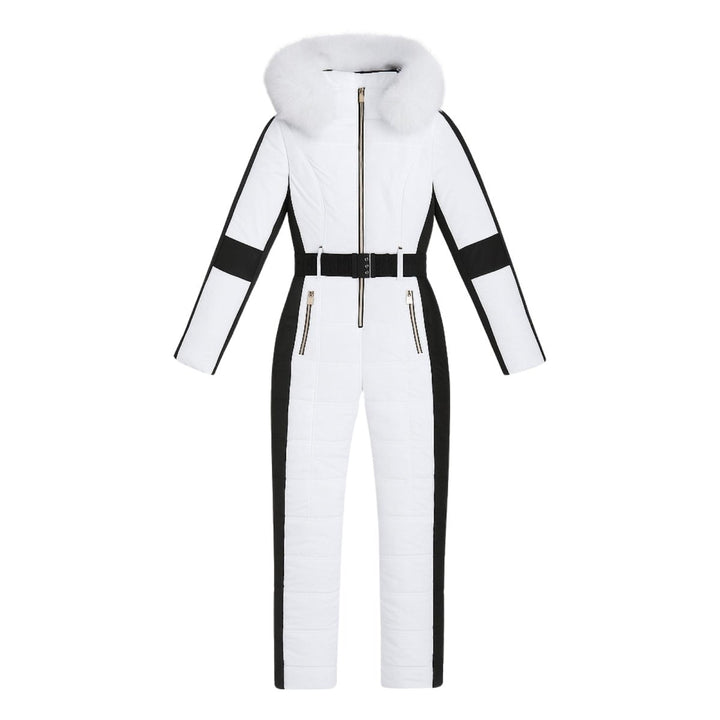 White one piece snow suit laid flat with belt and front zip