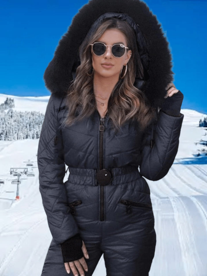 Close up of the faux fur hood and belted waist in black
