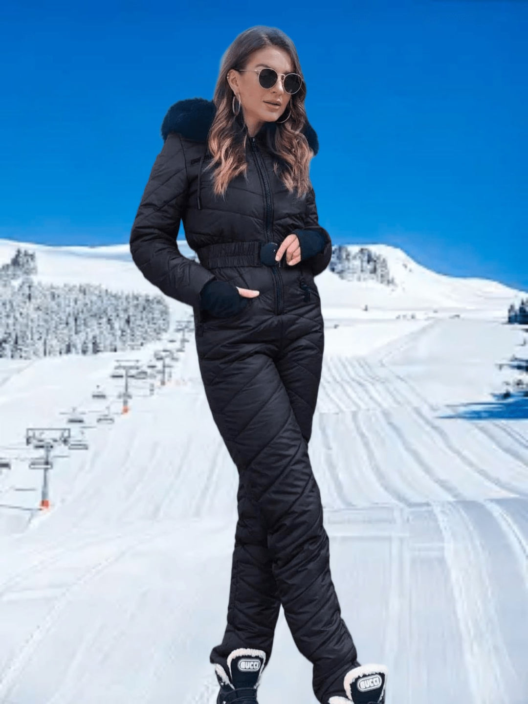 Side view of the black snow suit on a ski slope