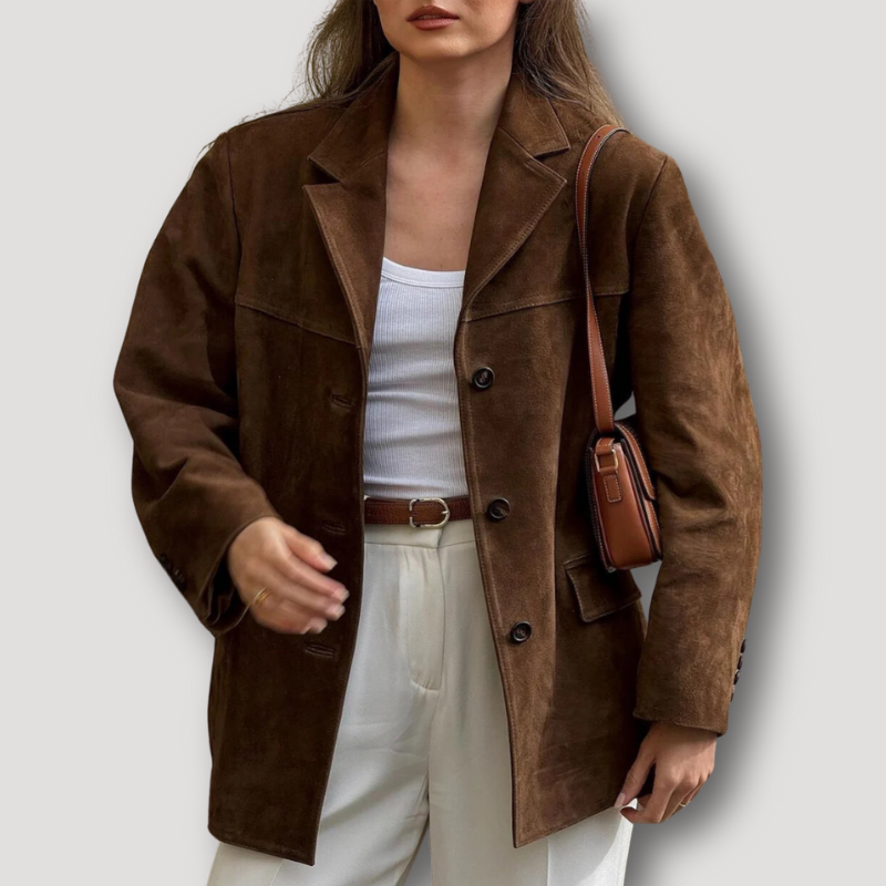 Women's brown oversized blazer jacket, front view on a model