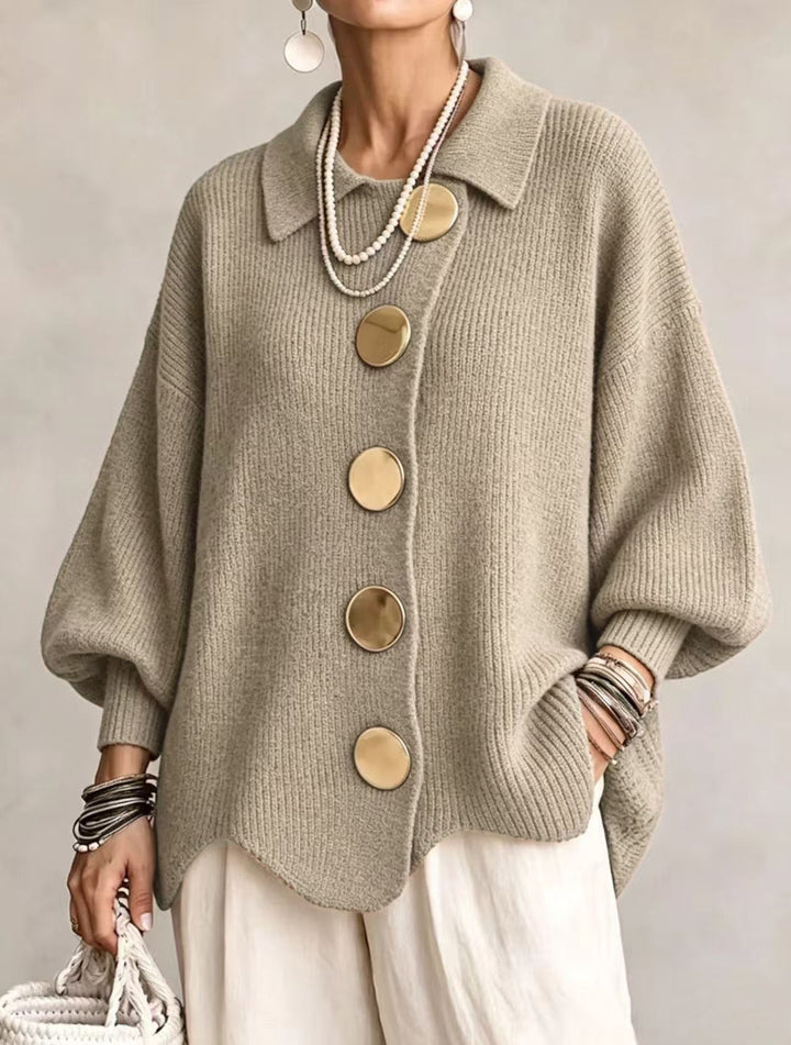 Khaki collared cardigan with gold-tone buttons and relaxed fit