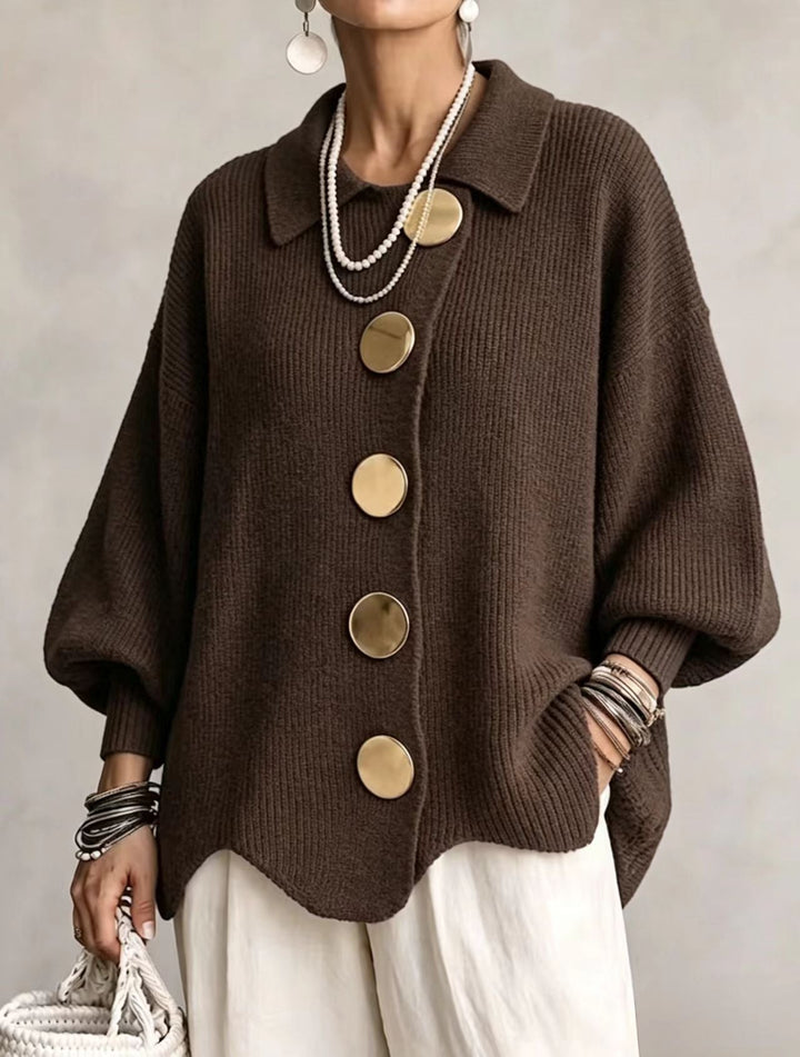 Mocha brown oversized cardigan with gold buttons and wavy hem