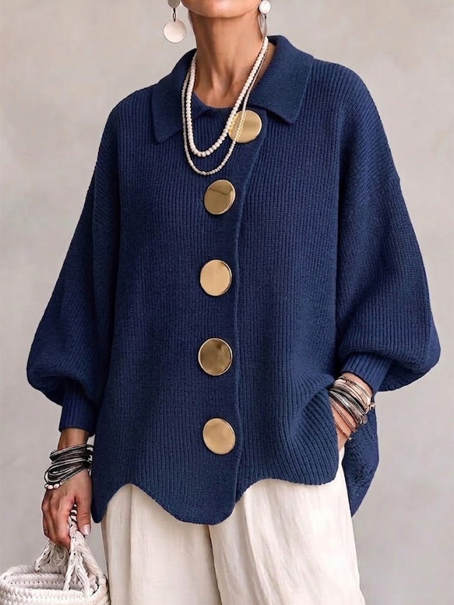 Women's oversized cardigan in navy with collar and gold-tone buttons, front view