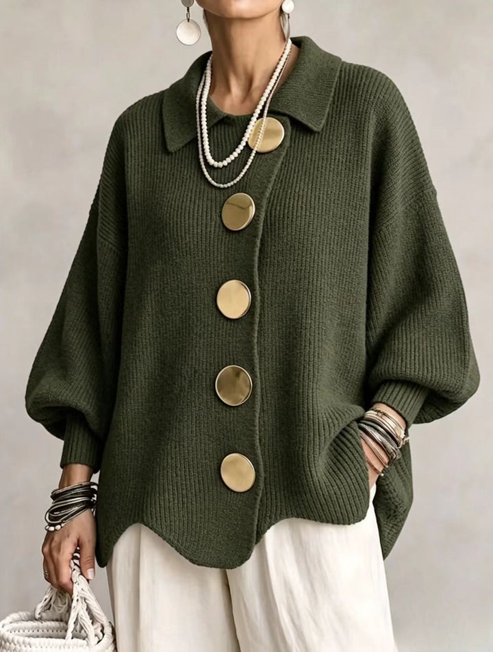 Olive green collared cardigan with gold-tone buttons, styled with layered necklaces