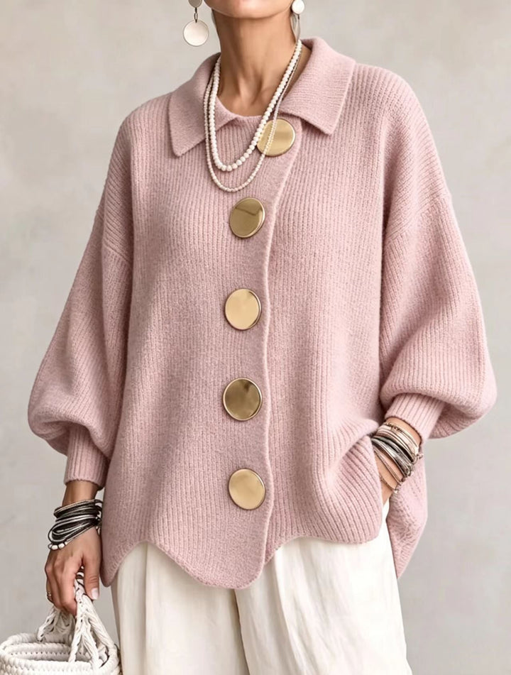 Powder pink oversized cardigan with big gold buttons and balloon sleeves