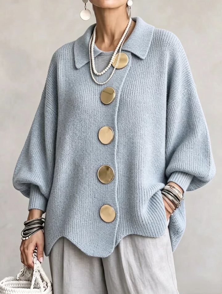 Sky blue cardigan with collar and gold-tone buttons, front view