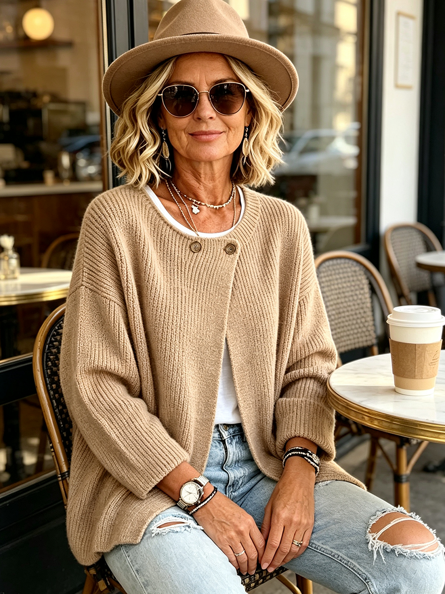 Camel cardigan styled with a felt hat and sunglasses at a cafe table