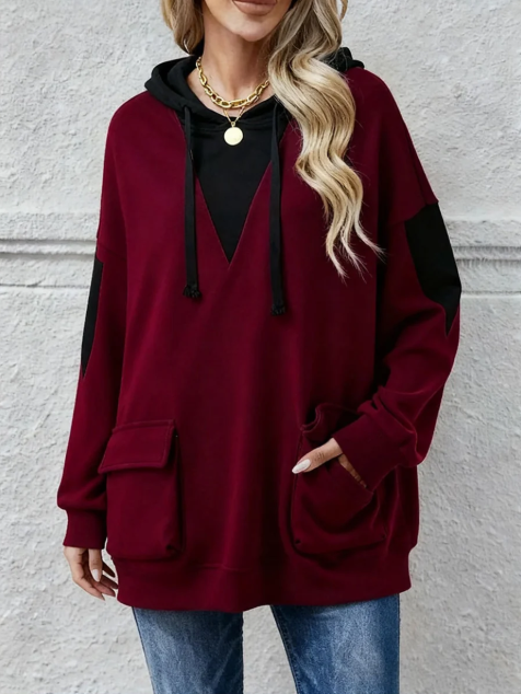 Women's oversized hoodie in burgundy with color block V neck