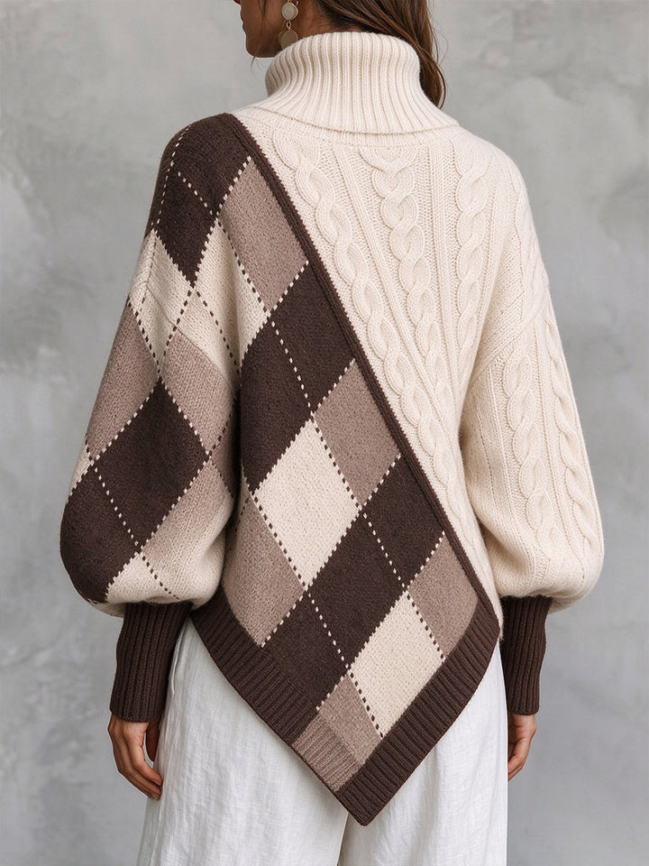 Back of the turtleneck sweater with diagonal argyle band and pointed hem