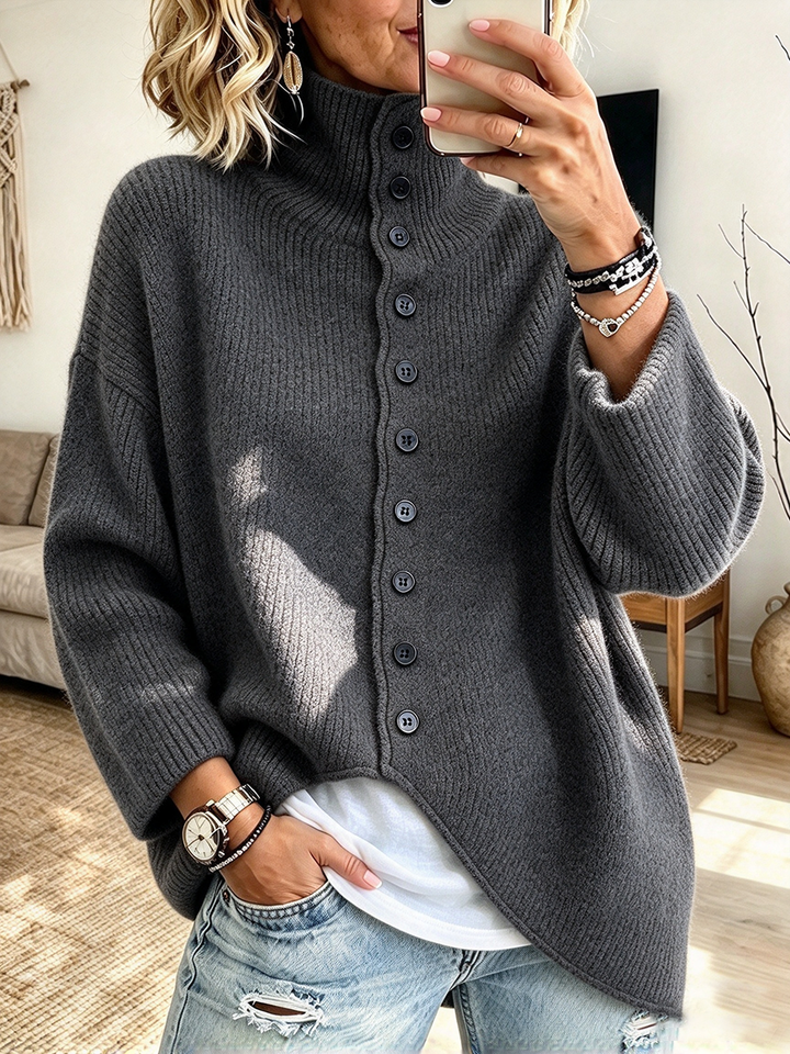 Charcoal chunky rib sweater with dark buttons from neck to hem