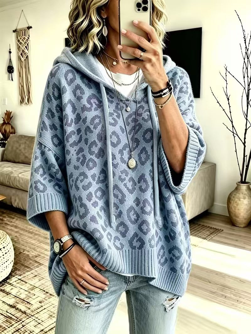 Dusty blue tonal leopard sweater with hood and drawstrings