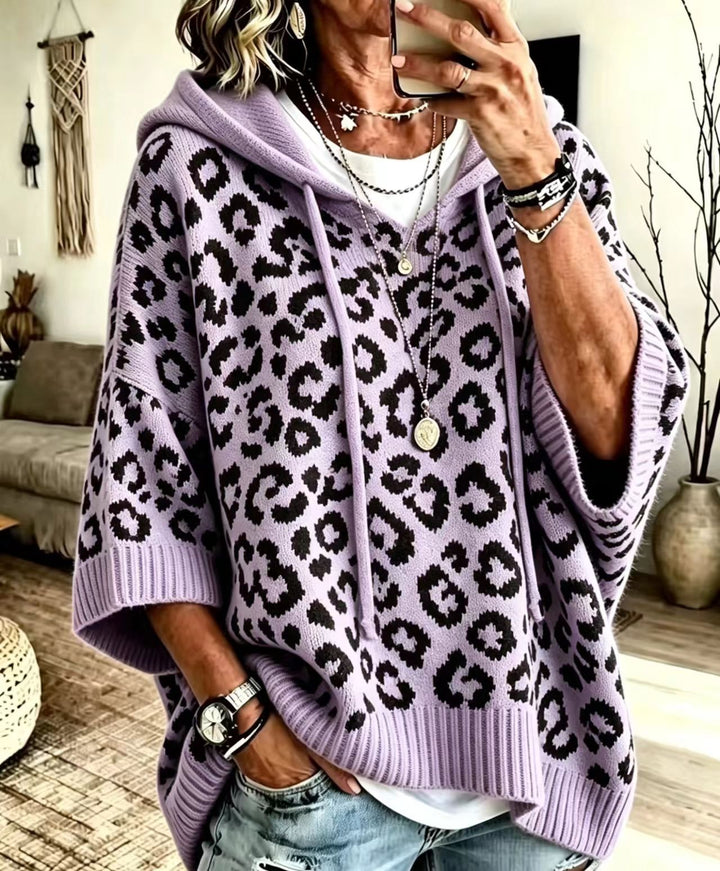Lavender oversized sweater with dark leopard print and matching hood