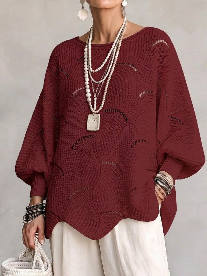 Burgundy oversized sweater with scalloped hem and ribbed cuffs