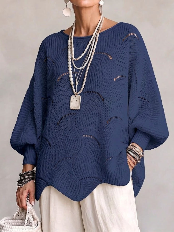 Navy wave pattern sweater with gathered ribbed cuffs