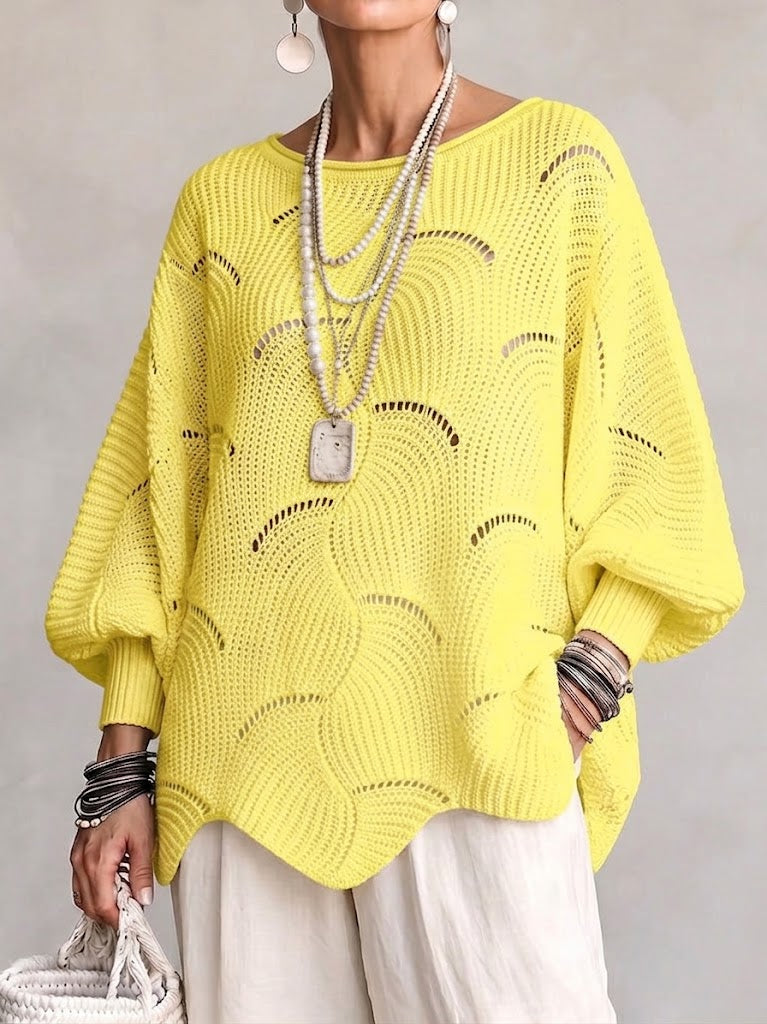 Yellow openwork wave sweater with balloon batwing sleeves
