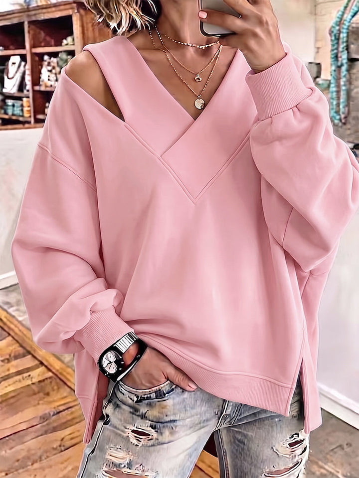Pink slouchy sweatshirt with layered double V-neck and ribbed cuffs