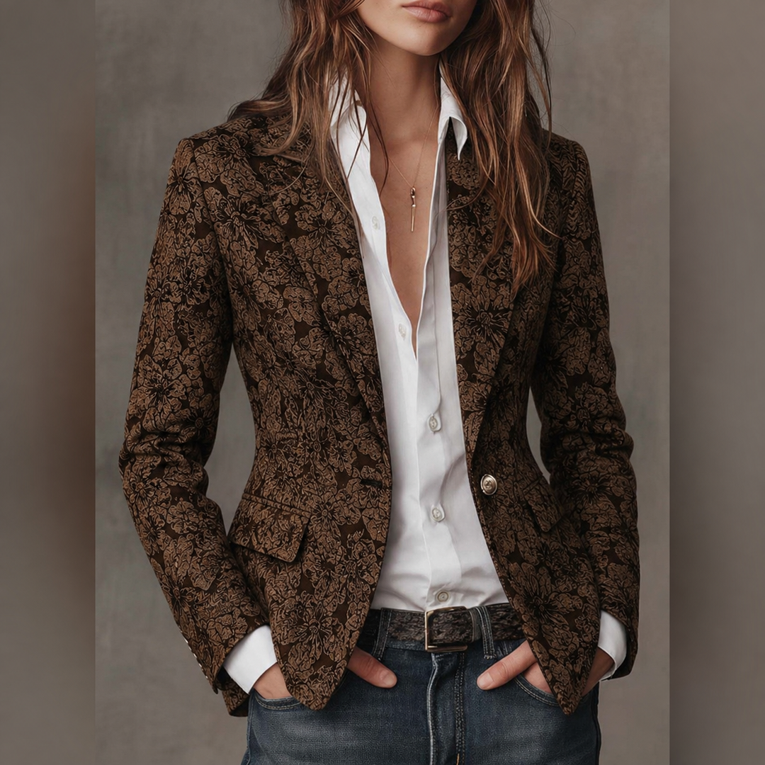 Women's paisley blazer in brown, fitted notch lapel jacket with single button