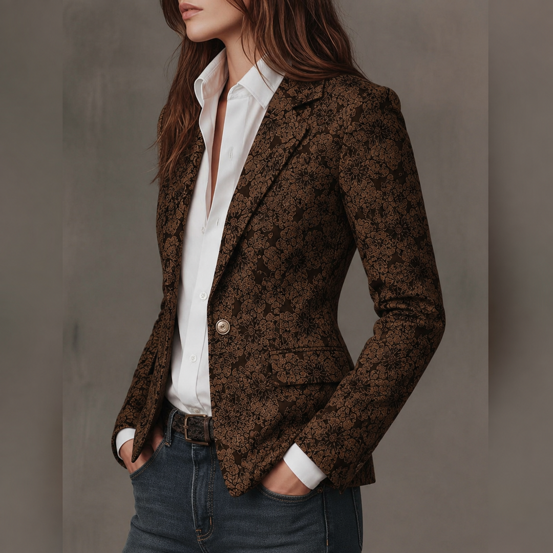 Brown paisley blazer side view showing the notch lapel and single button