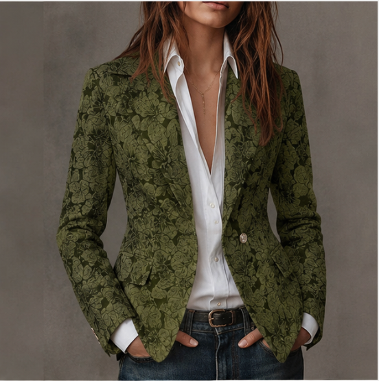 Green paisley blazer front view with notch lapel over a white shirt