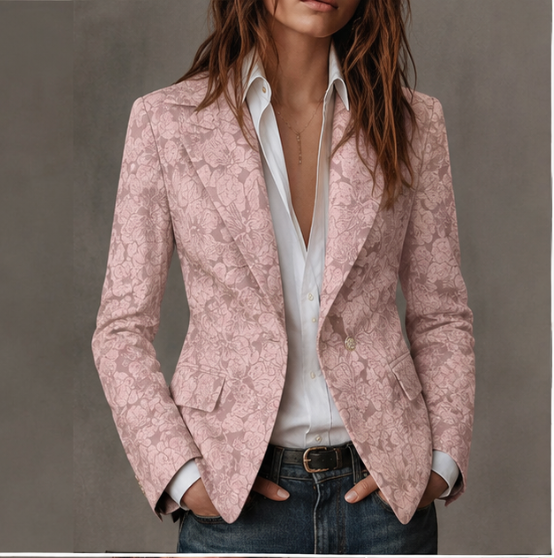 Pink paisley blazer front view with notch lapel over a white shirt