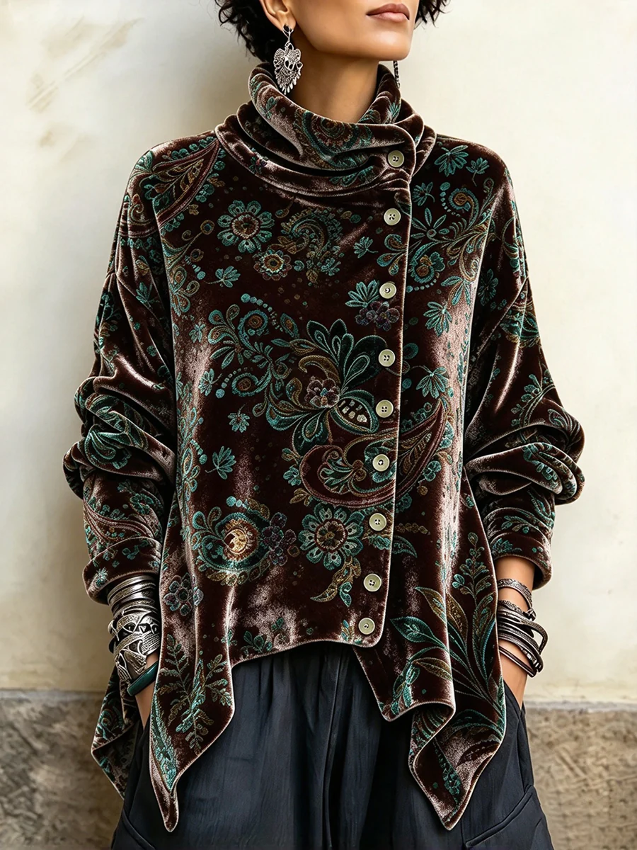 Women's paisley velvet top in black with draped turtleneck